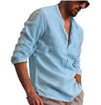 Cotton And Linen Long Sleeved Men's Casual Shirts Men's Tops Mens T-Shirts Icandoit1 Light Blue 2XL