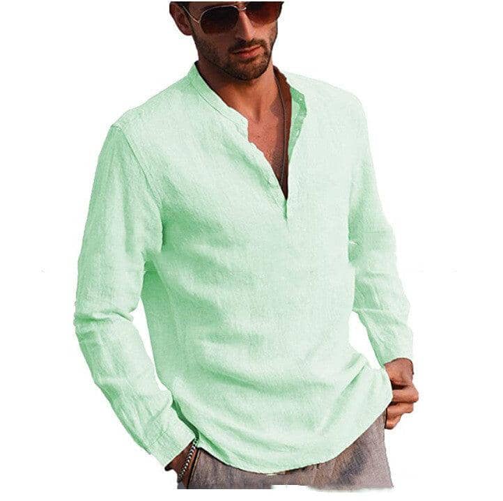 Cotton And Linen Long Sleeved Men's Casual Shirts Men's Tops Mens T-Shirts Icandoit1 Light Green 2XL