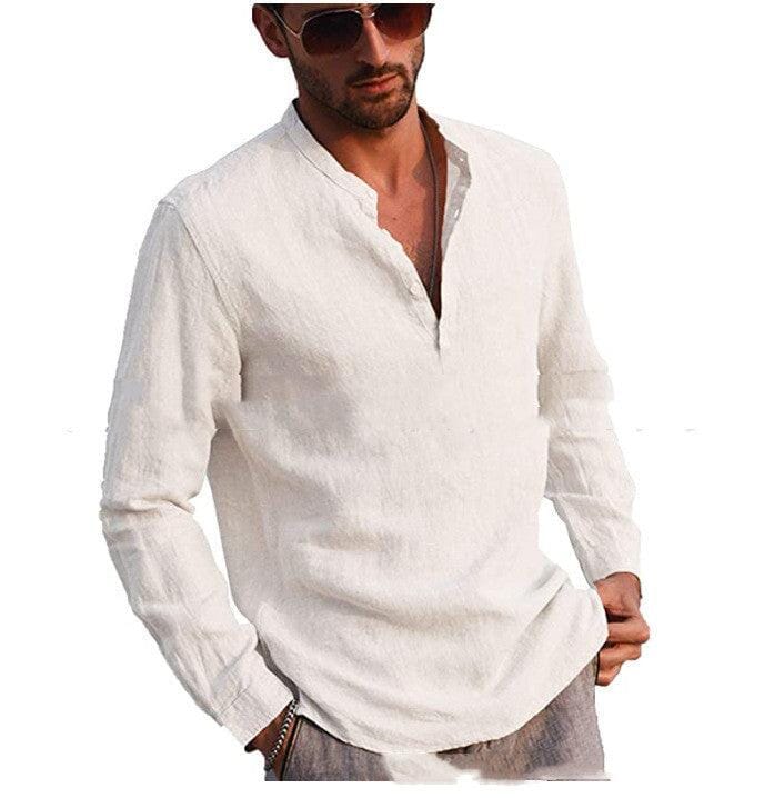 Cotton And Linen Long Sleeved Men's Casual Shirts Men's Tops Mens T-Shirts Icandoit1 White 2XL