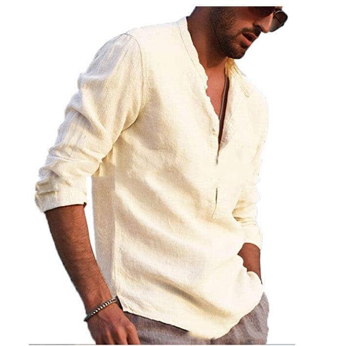 Cotton And Linen Long Sleeved Men's Casual Shirts Men's Tops Mens T-Shirts Icandoit1 Apricot 2XL