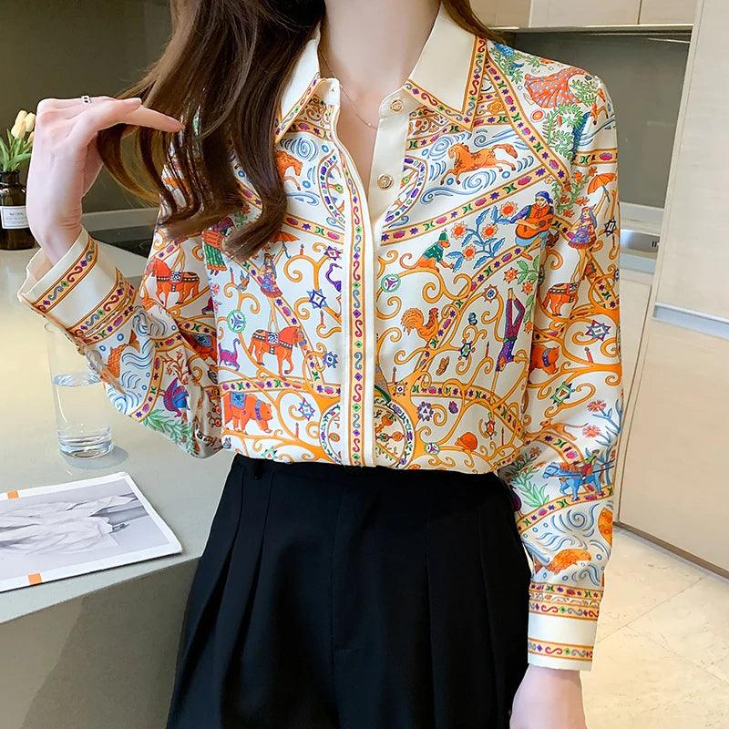 Women's Flower Print Long Sleeve Blouses
