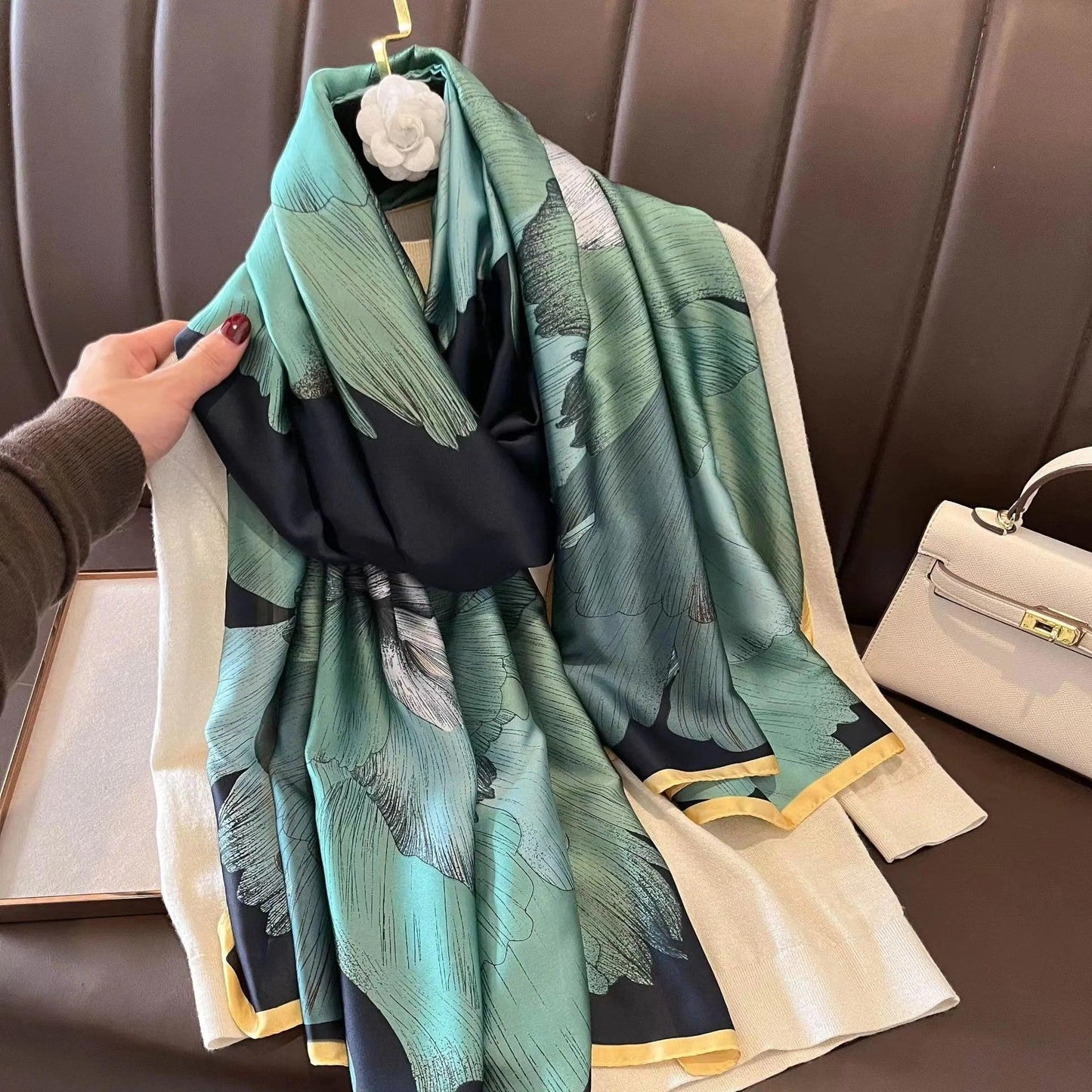 180x90cm Luxury Silk Scarf – Fashion Color-Blocked Printed Turban for Women