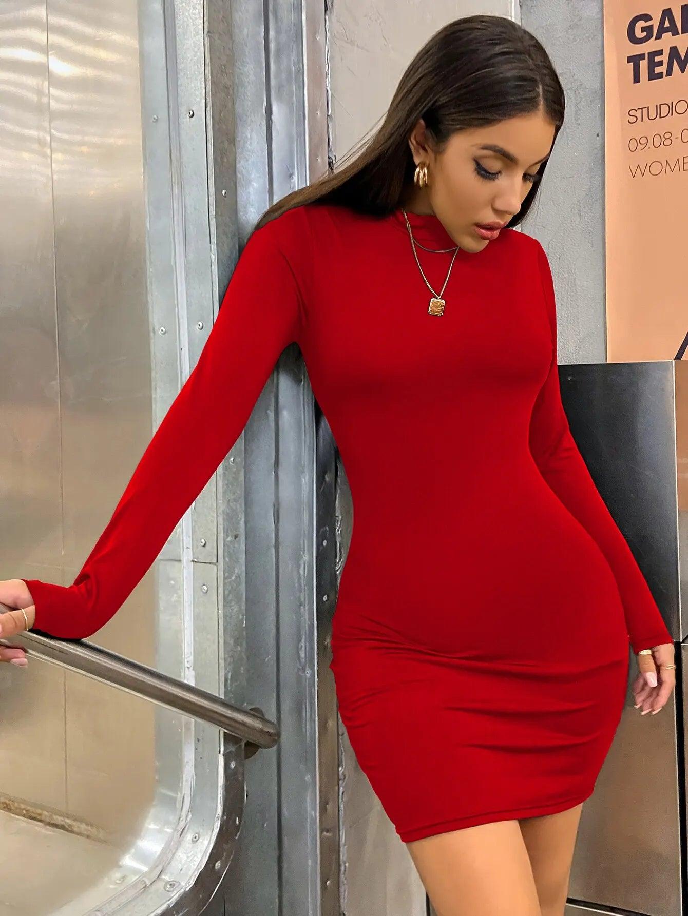 Bodycon Mini Dress Women Turtleneck
