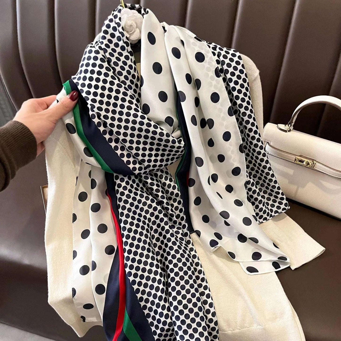 180x90cm Luxury Silk Scarf – Fashion Color-Blocked Printed Turban for Women