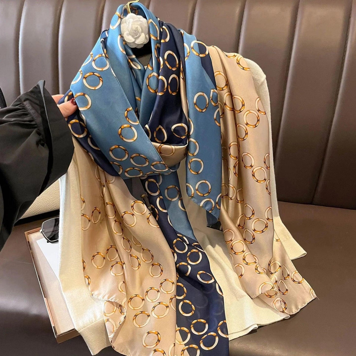 180x90cm Luxury Silk Scarf – Fashion Color-Blocked Printed Turban for Women