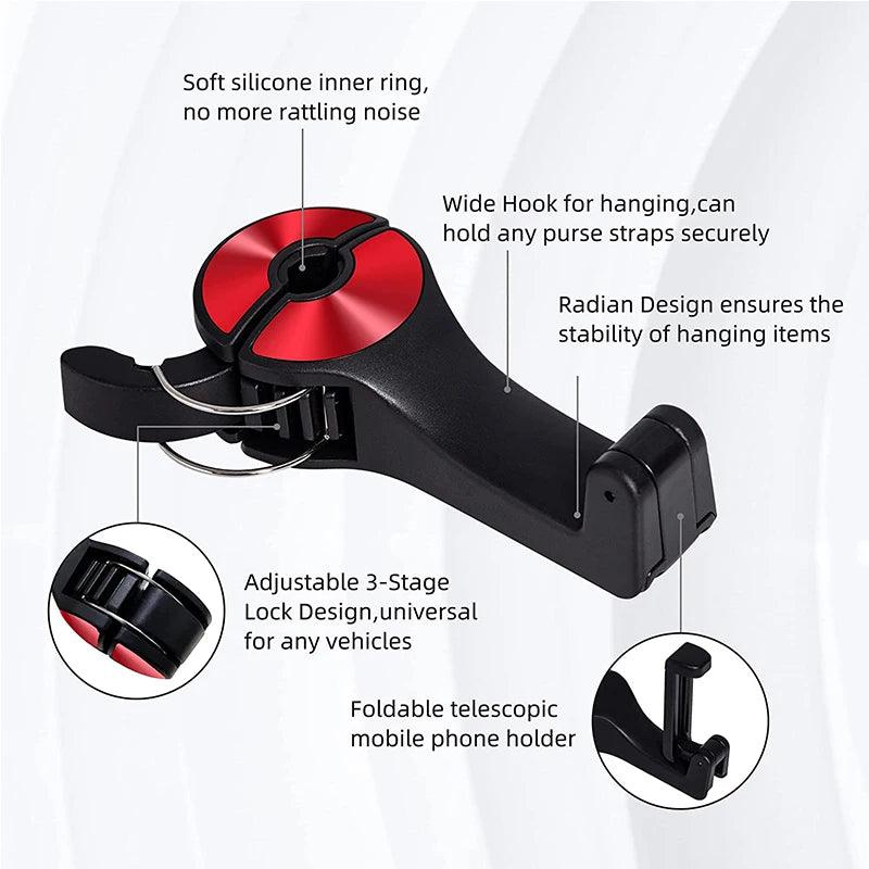 2-in-1 Car Headrest Hook & Phone Holder – Portable Seat Back Storage Clip