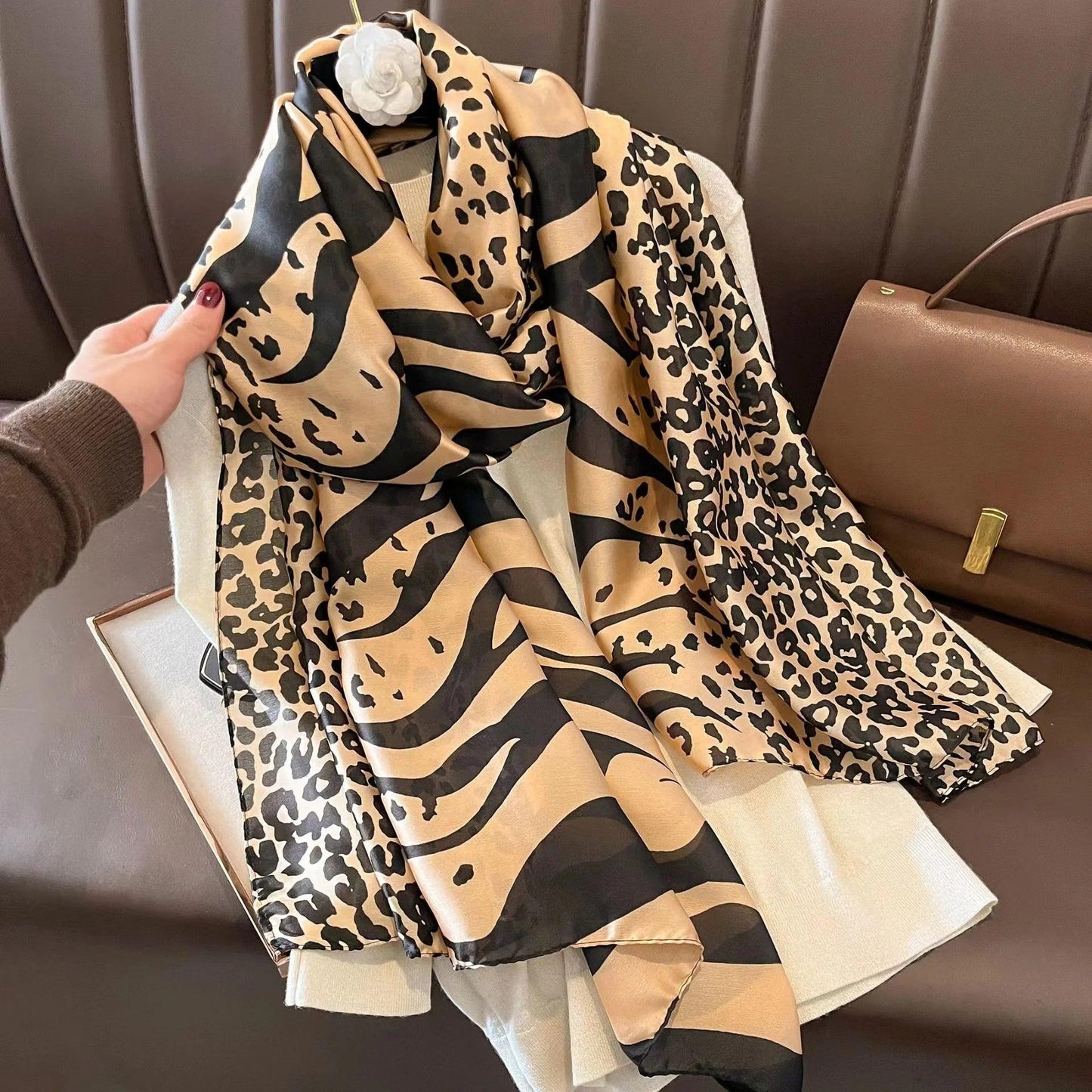180x90cm Luxury Silk Scarf – Fashion Color-Blocked Printed Turban for Women