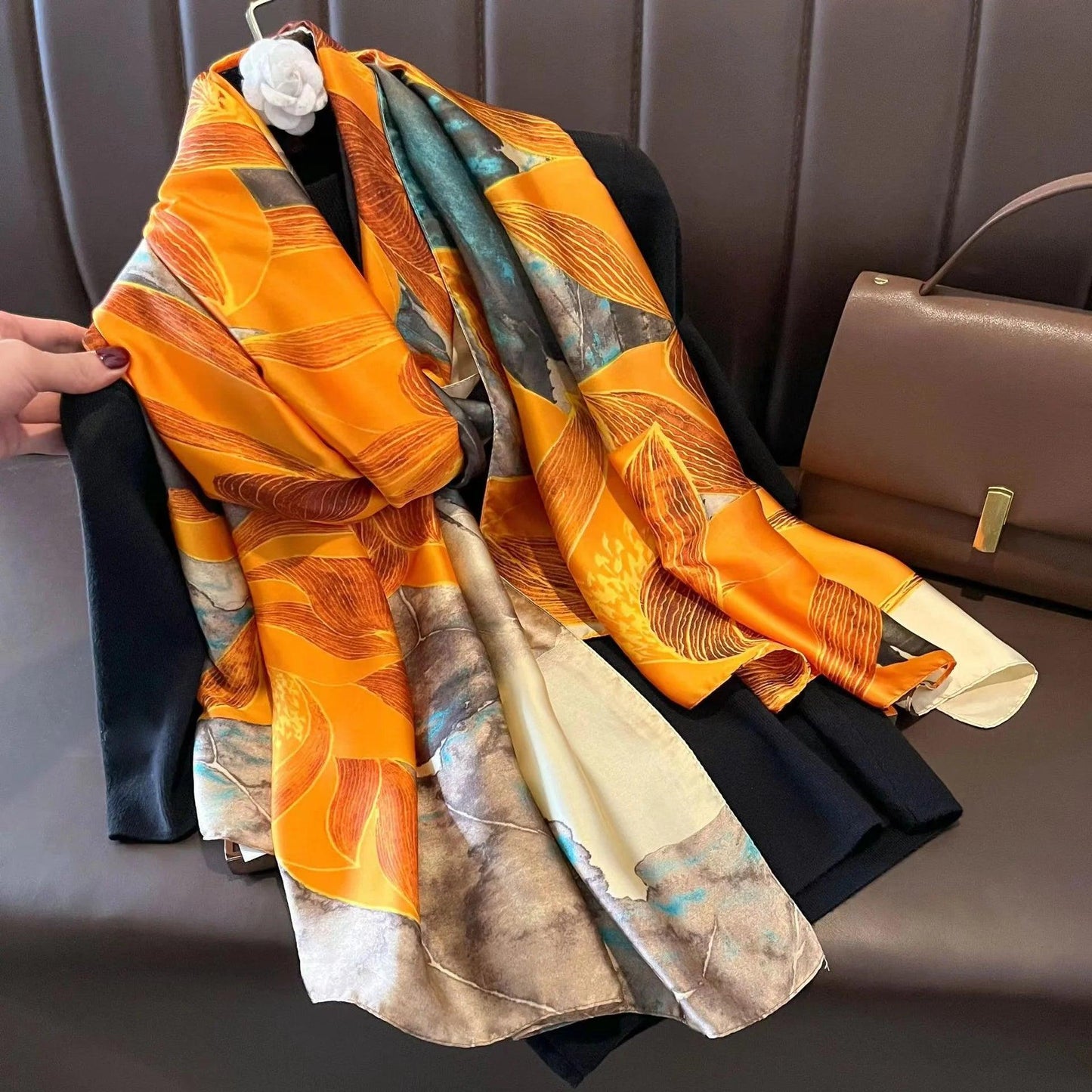180x90cm Luxury Silk Scarf – Fashion Color-Blocked Printed Turban for Women