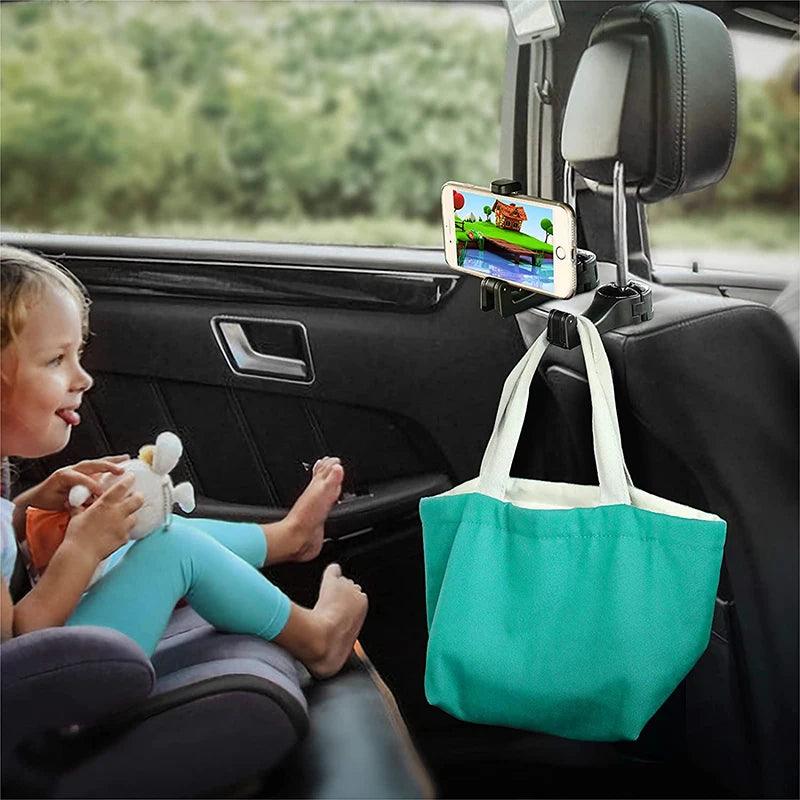 2-in-1 Car Headrest Hook & Phone Holder – Portable Seat Back Storage Clip