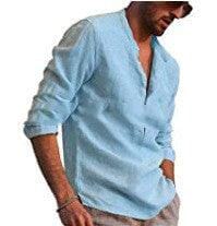 Cotton And Linen Long Sleeved Men's Casual Shirts Men's Tops Mens T-Shirts Icandoit1 Light Blue 2XL 