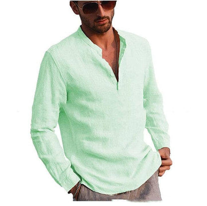 Cotton And Linen Long Sleeved Men's Casual Shirts Men's Tops Mens T-Shirts Icandoit1 Light Green 2XL 