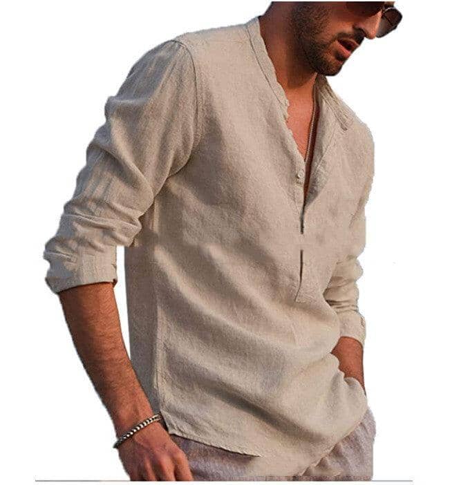 Cotton And Linen Long Sleeved Men's Casual Shirts Men's Tops Mens T-Shirts Icandoit1 Khaki 2XL 