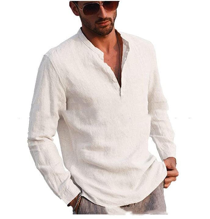 Cotton And Linen Long Sleeved Men's Casual Shirts Men's Tops Mens T-Shirts Icandoit1 White 2XL 