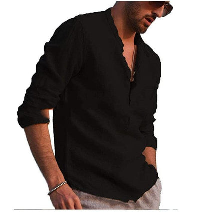 Cotton And Linen Long Sleeved Men's Casual Shirts Men's Tops Mens T-Shirts Icandoit1 Black 2XL 