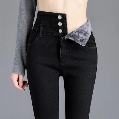 Women's Thermal Fleece High-Waist Skinny Jeans – Warm Stretch Velvet Pants