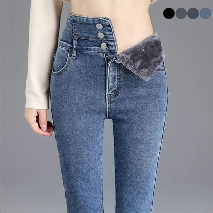 Women's Thermal Fleece High-Waist Skinny Jeans – Warm Stretch Velvet Pants
