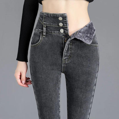 Women's Thermal Fleece High-Waist Skinny Jeans – Warm Stretch Velvet Pants