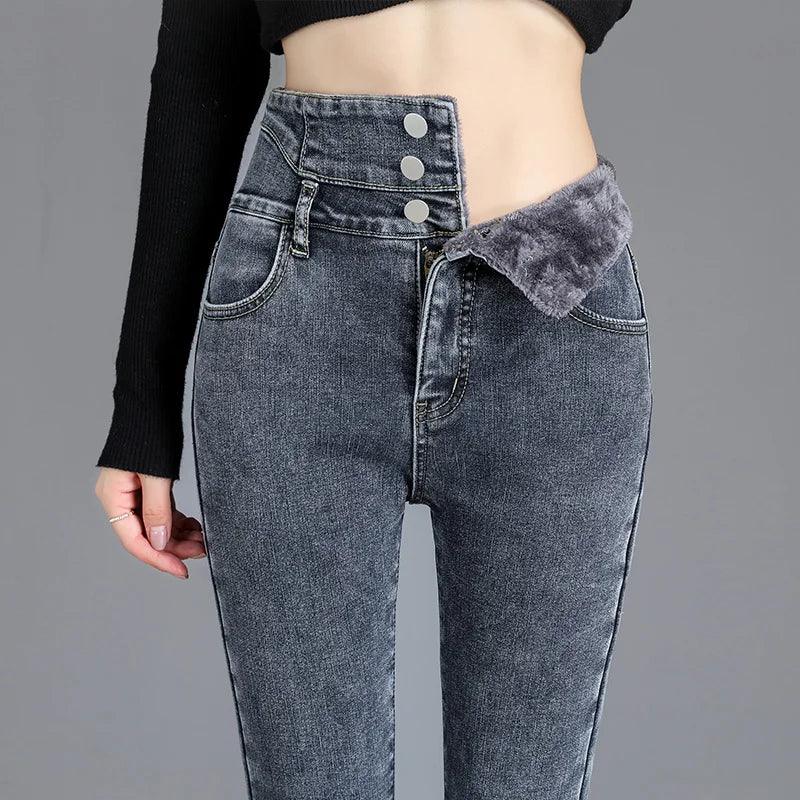 Women's Thermal Fleece High-Waist Skinny Jeans – Warm Stretch Velvet Pants