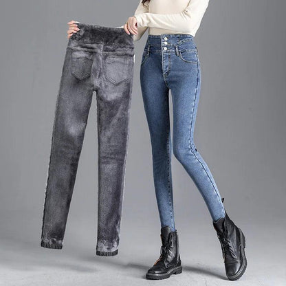 Women's Thermal Fleece High-Waist Skinny Jeans – Warm Stretch Velvet Pants