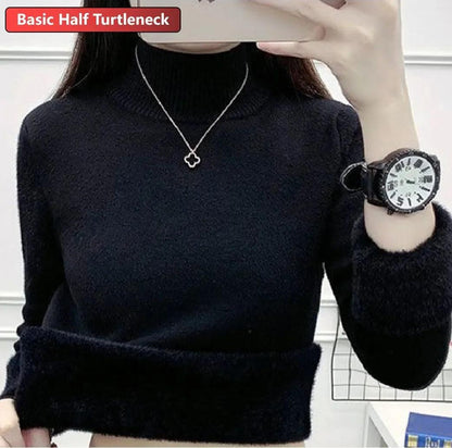 Turtleneck Winter Sweater Women Elegant Thicken Velvet Lined Warm Suiter Knitted Pullover Slim Tops Jersey Knitwear Jumper New