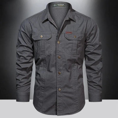 Men's Spring Cotton Cargo Shirt Long Sleeve Multi-Pocket Overshirt