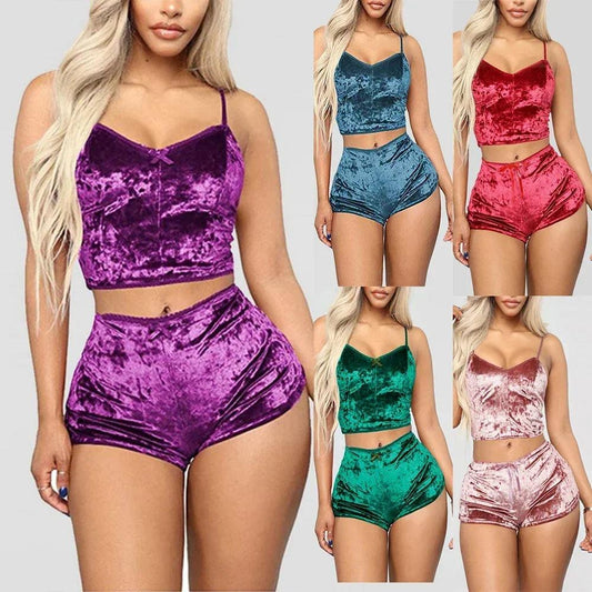Velvet V-Neck Camisole & Shorts Pajama Set for Women