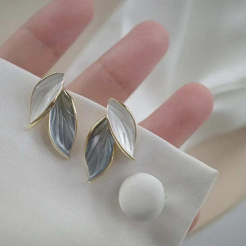 Korean Grey Leaf Stud Earrings