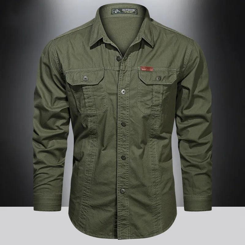 Men's Spring Cotton Cargo Shirt Long Sleeve Multi-Pocket Overshirt