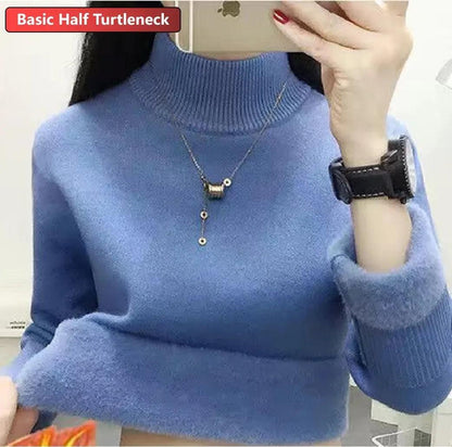 Turtleneck Winter Sweater Women Elegant Thicken Velvet Lined Warm Suiter Knitted Pullover Slim Tops Jersey Knitwear Jumper New