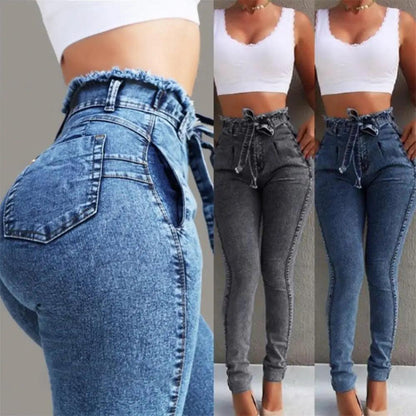 Plus Size High Waist Skinny Jeans with Stretch Belt