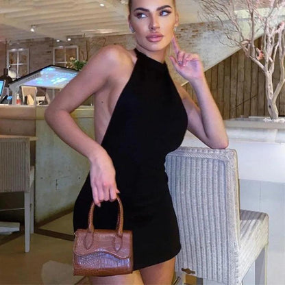 Women Sleeveless Backless Mini Skirt Dress  Y2K Summer Bodycon Hang Neck Elegant Sexy Outfits Ladies Party Club Sundress