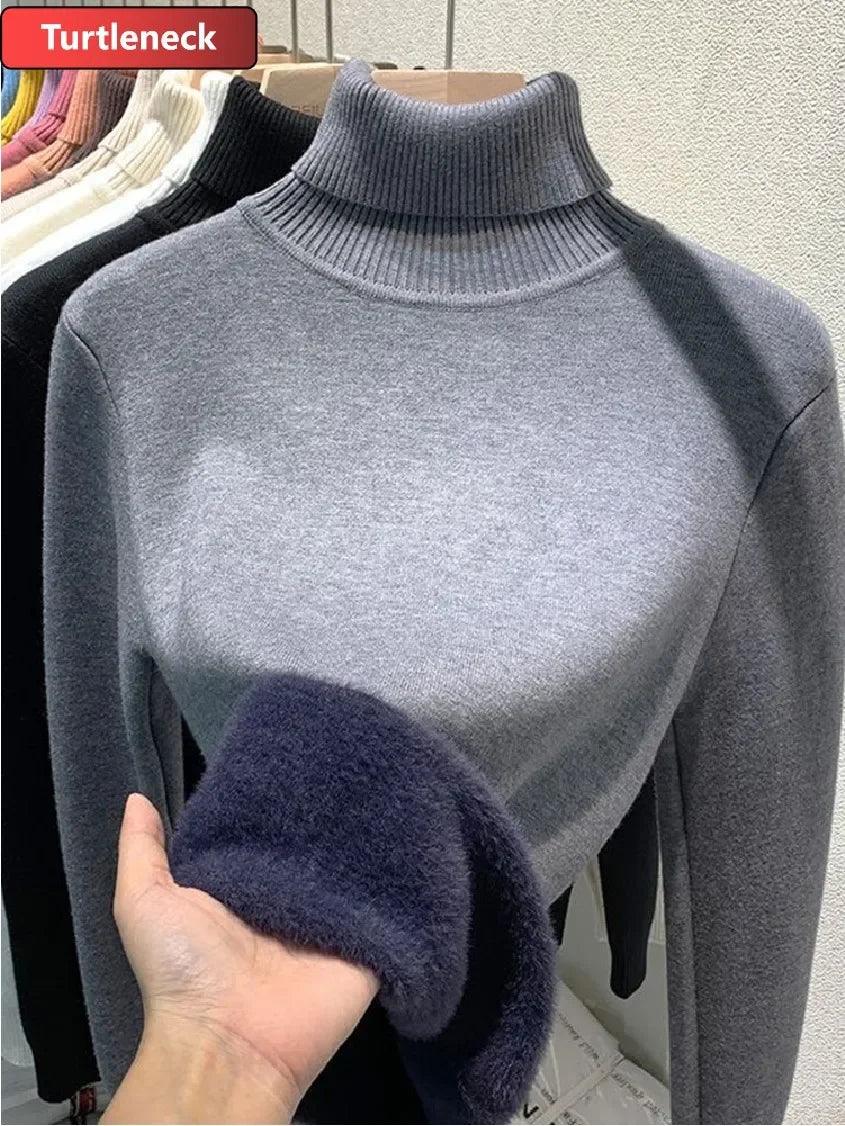 Turtleneck Winter Sweater Women Elegant Thicken Velvet Lined Warm Suiter Knitted Pullover Slim Tops Jersey Knitwear Jumper New