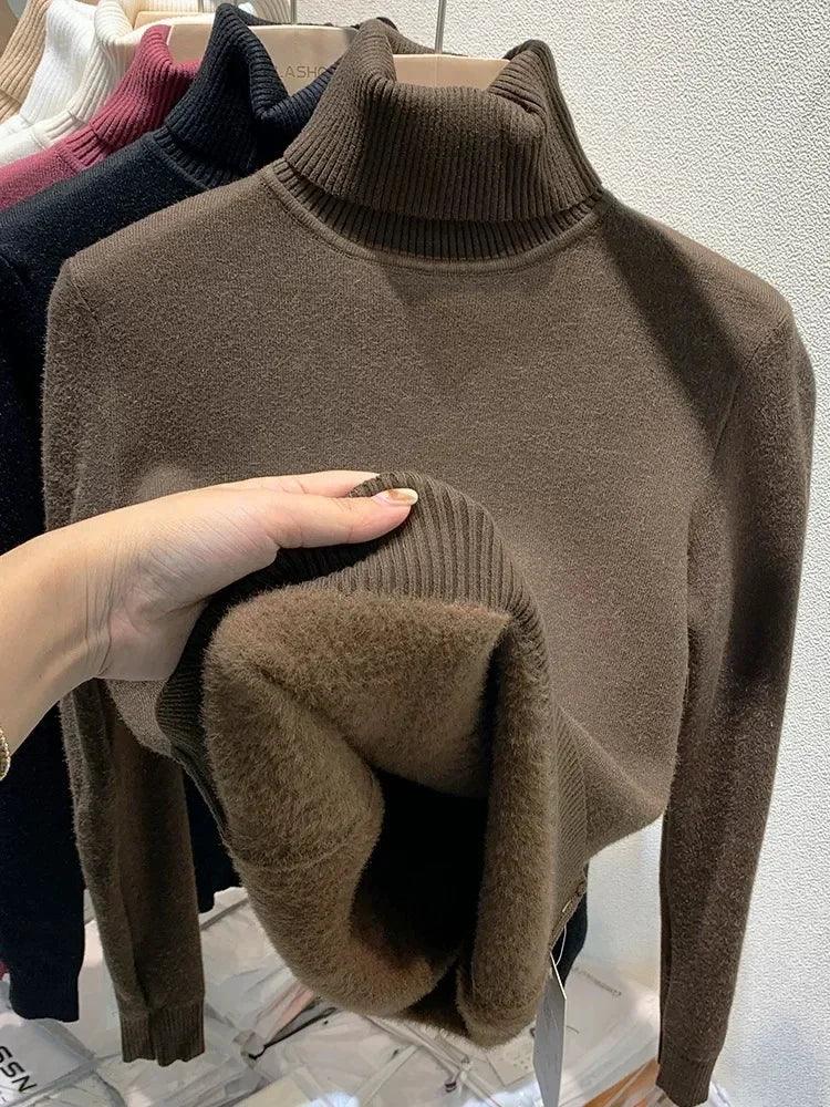 Turtleneck Winter Sweater Women Elegant Thicken Velvet Lined Warm Suiter Knitted Pullover Slim Tops Jersey Knitwear Jumper New