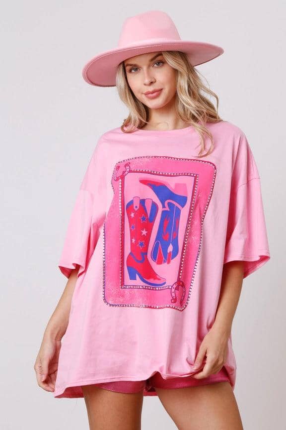 Fashion Printed Rhinestones Top Loose Ladies Women Shirts Icandoit1 Pink Boots L 